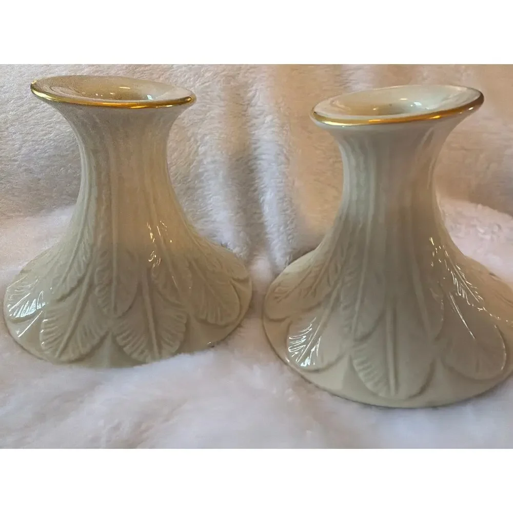 Pair Lenox Cream Gold Trim Feather Candle Holders Candlesticks Made USA 4.25
